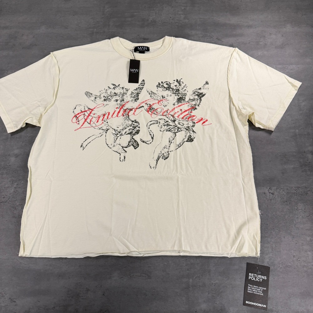 BoohooMAN T-Shirt Mens M Limited Edition Cherub Graphic Cream Raw Seam Thin